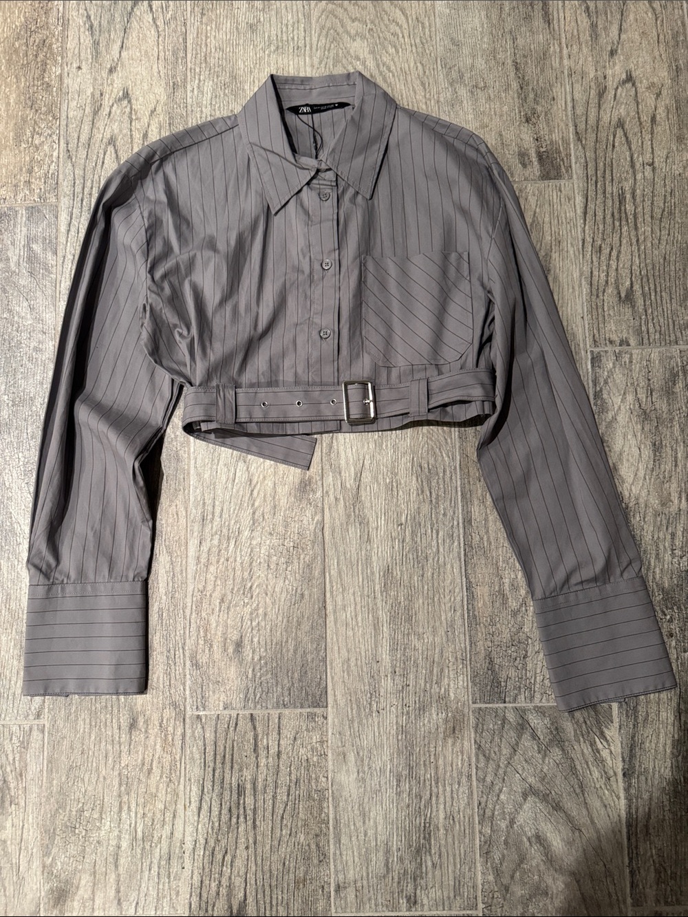 Zara Gray Pinstripe Cropped Shirt with Belted Waist